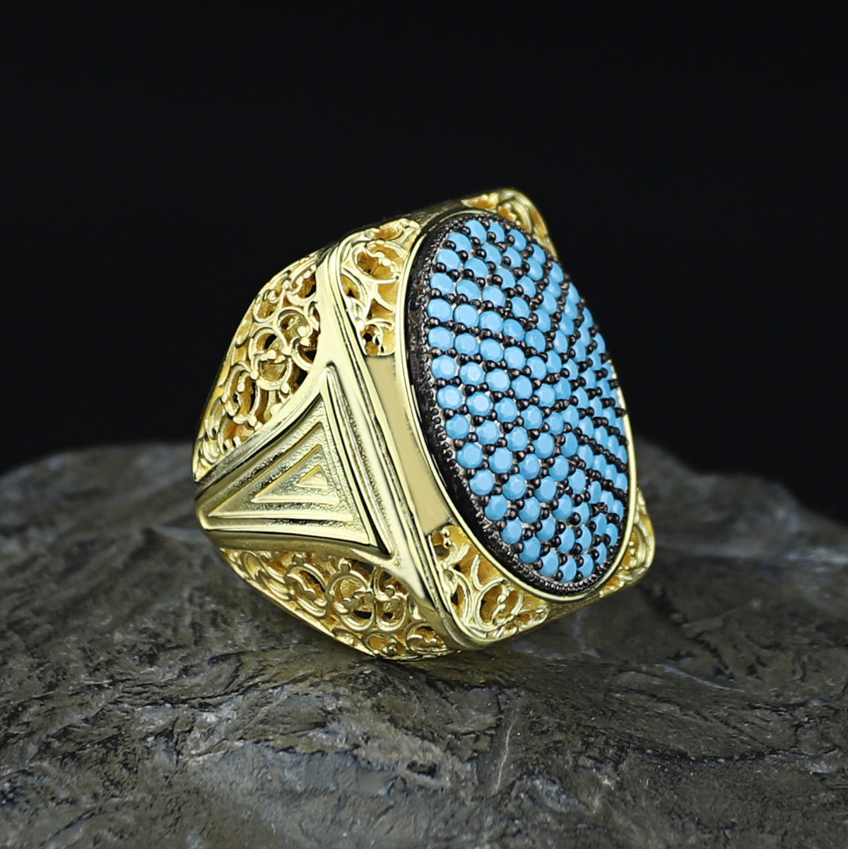 925 Silver Men Handmade Large Gold Turquoise Ring
