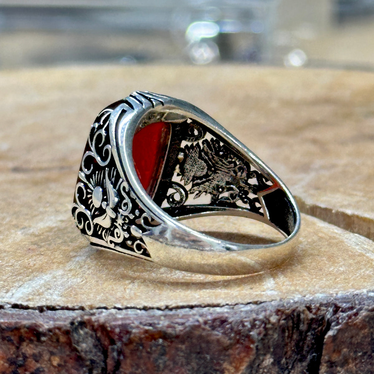 Men Handmade Natural Red Agate ( Aqeeq ) Gemstone Ring