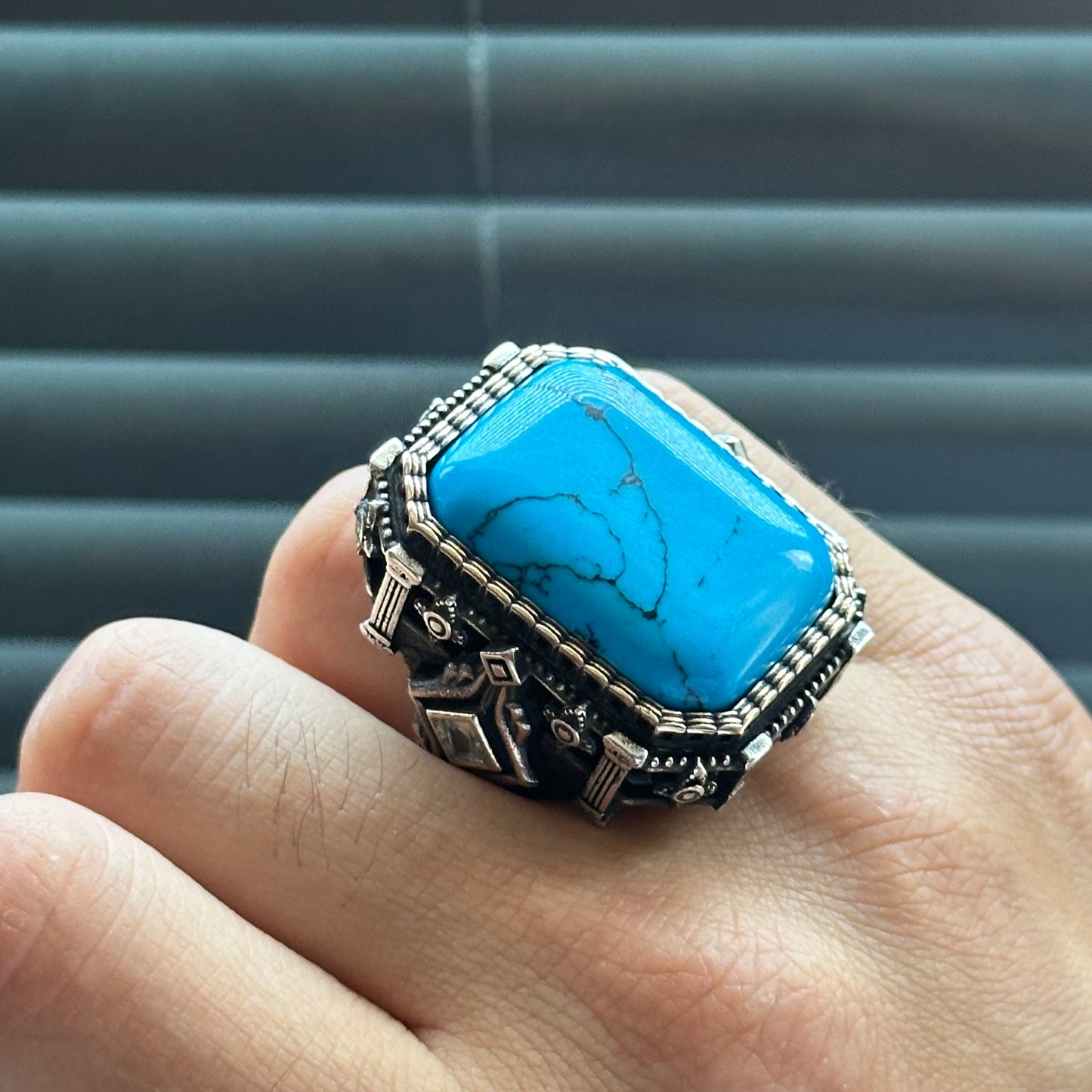 Men Silver Handmade Large Turquoise Gemstone Ottoman Ring