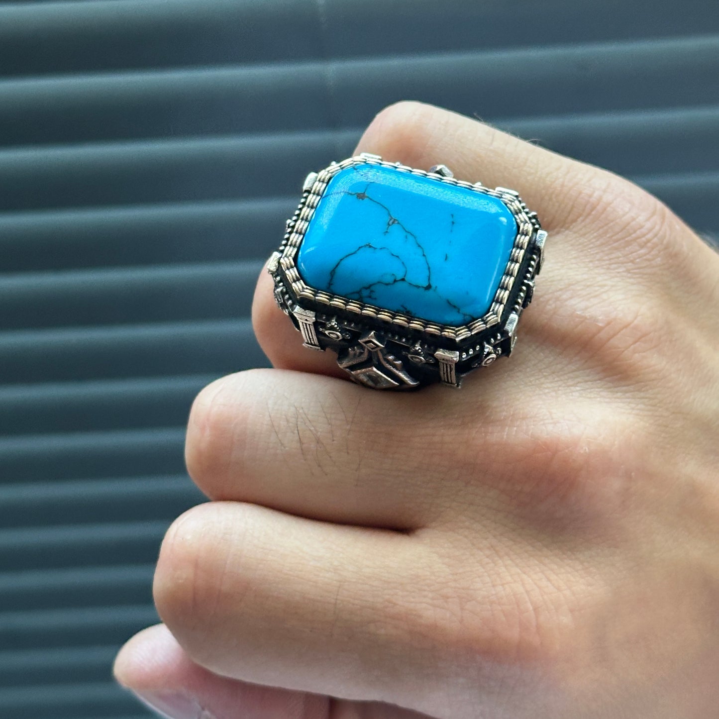 Men Silver Handmade Large Turquoise Gemstone Ottoman Ring