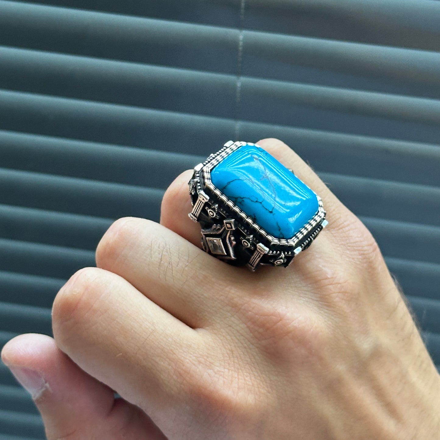 Men Silver Handmade Large Turquoise Gemstone Ottoman Ring