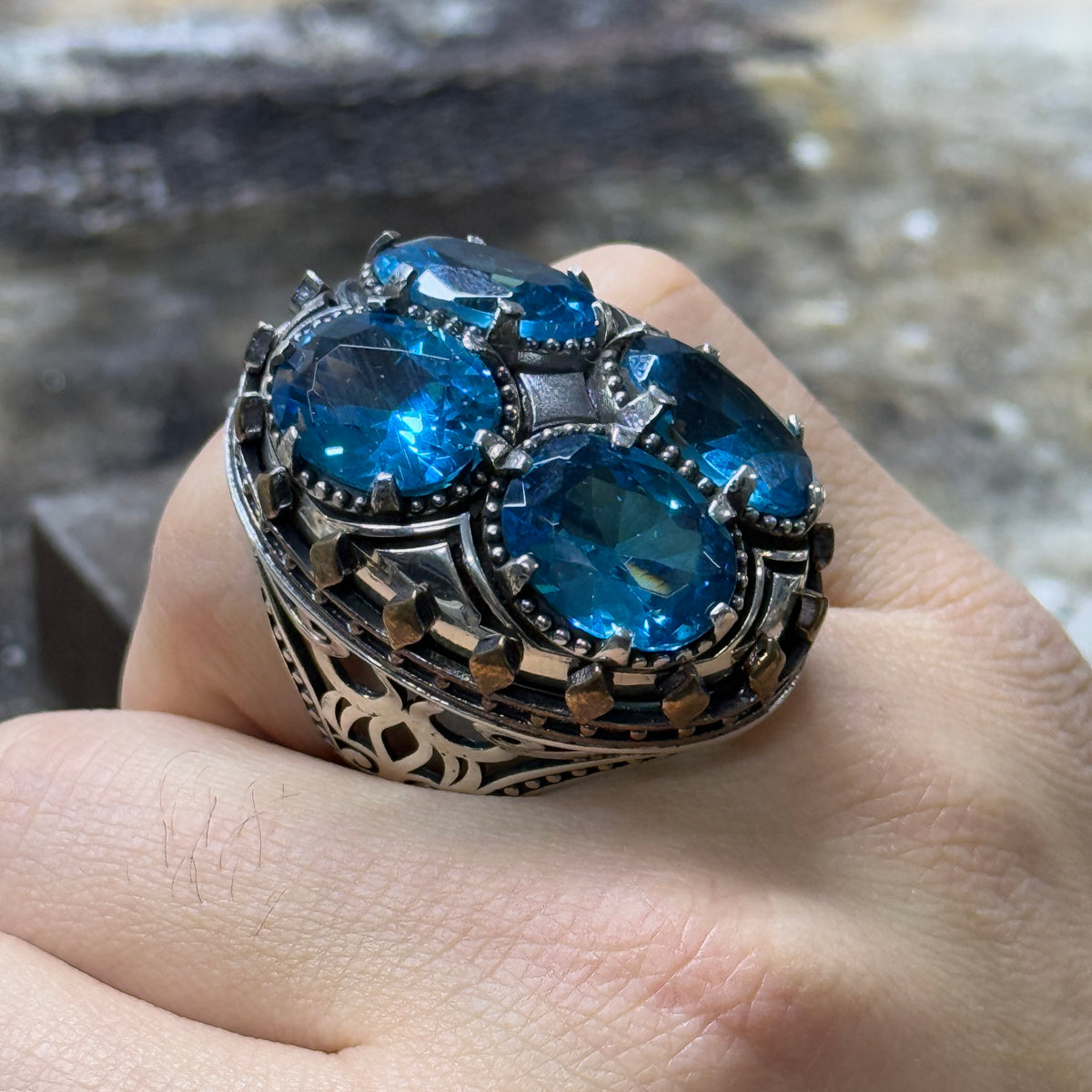 Men Silver Handmade Blue Aquamarine Gemstone Large Ring