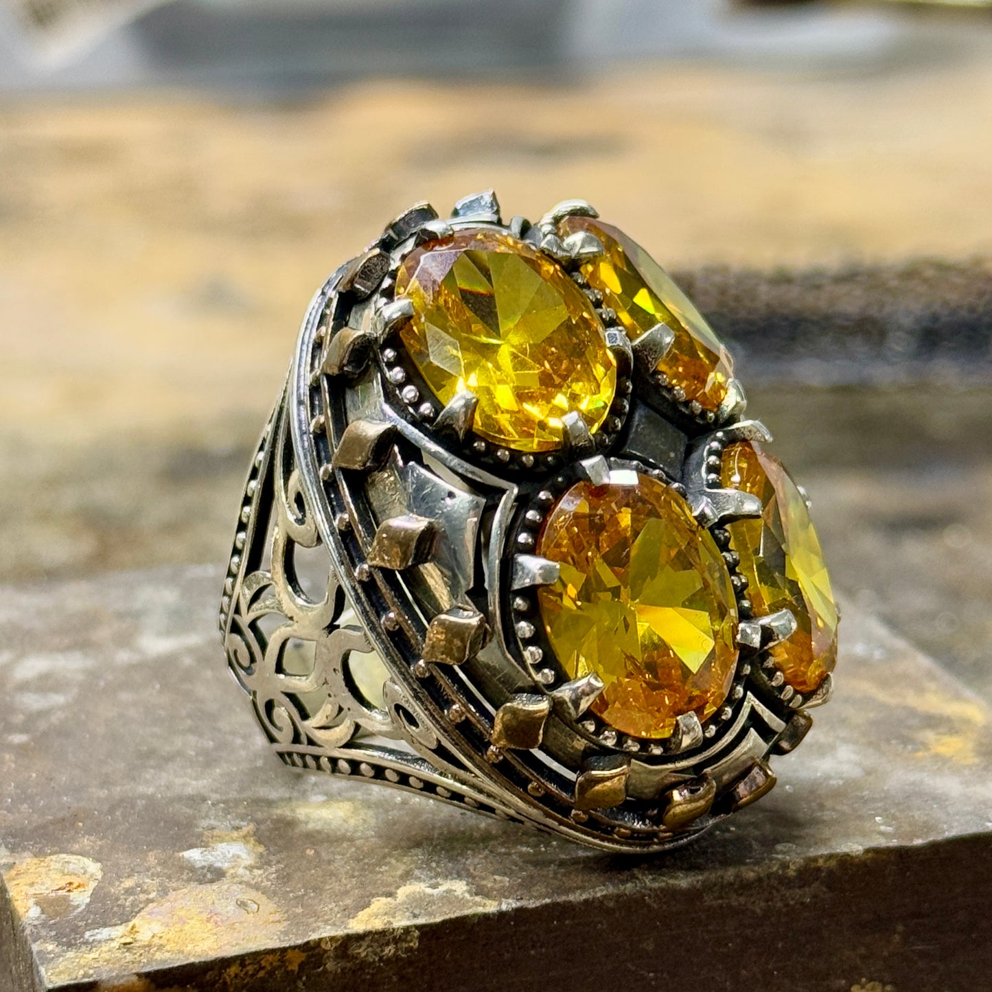 Men Large Silver Ottoman Style Citrine Gemstone Handmade Ring