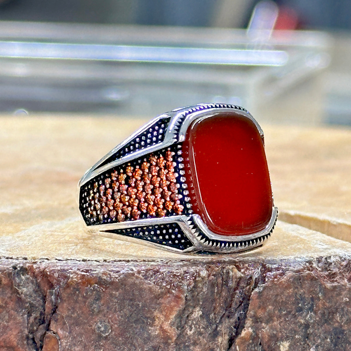 Men Silver Red Agate Carnelian Ring