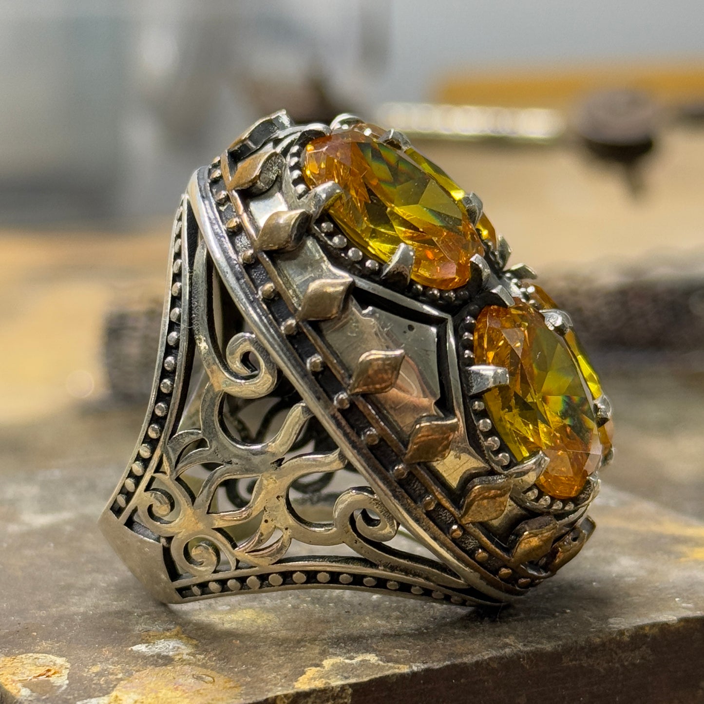 Men Large Silver Ottoman Style Citrine Gemstone Handmade Ring