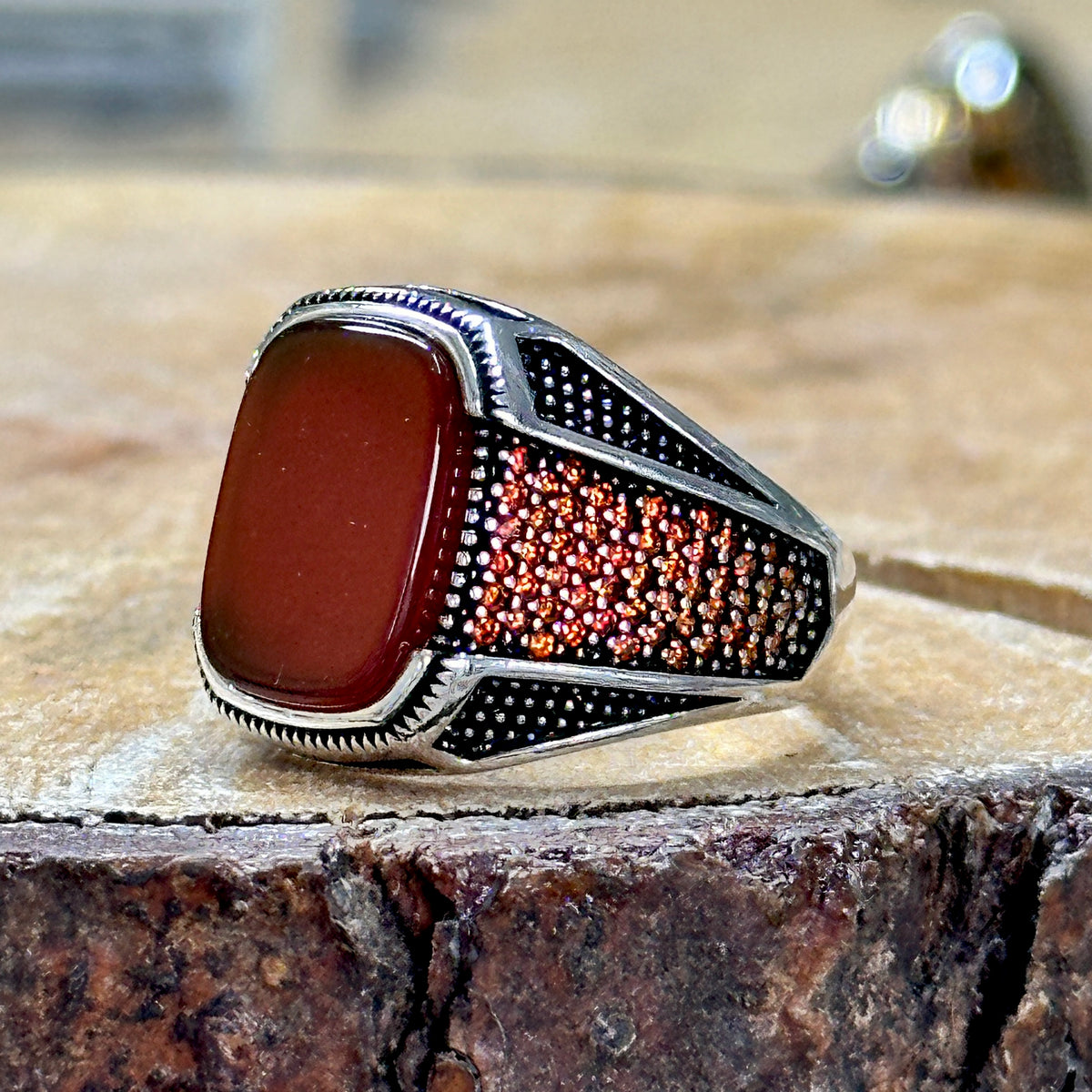 Men Silver Red Agate Carnelian Ring