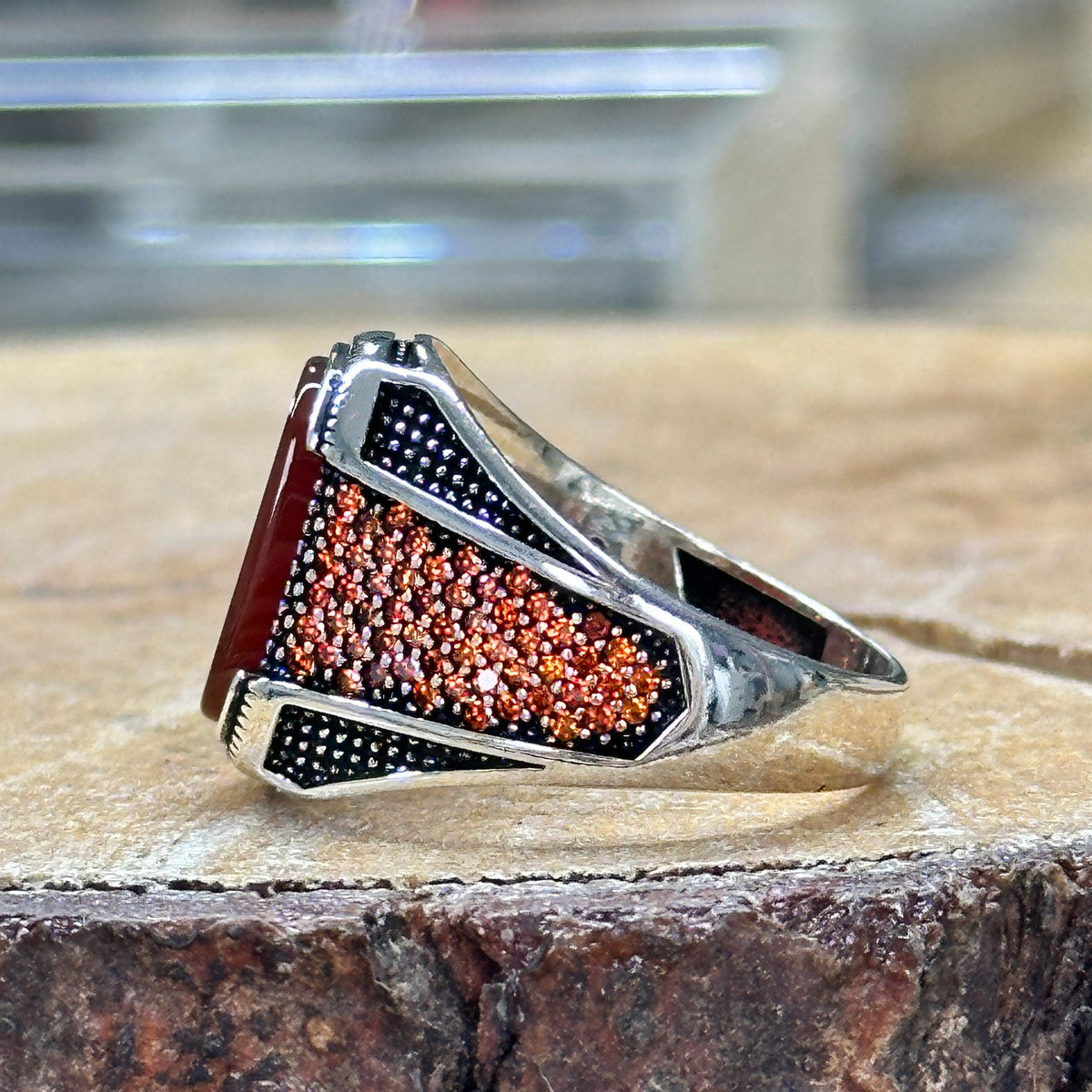 Men Silver Red Agate Carnelian Ring