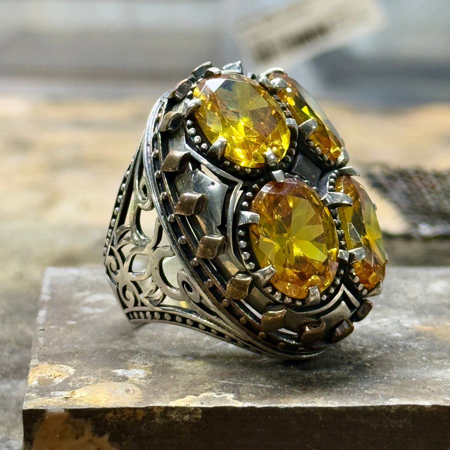 Men Large Silver Ottoman Style Citrine Gemstone Handmade Ring