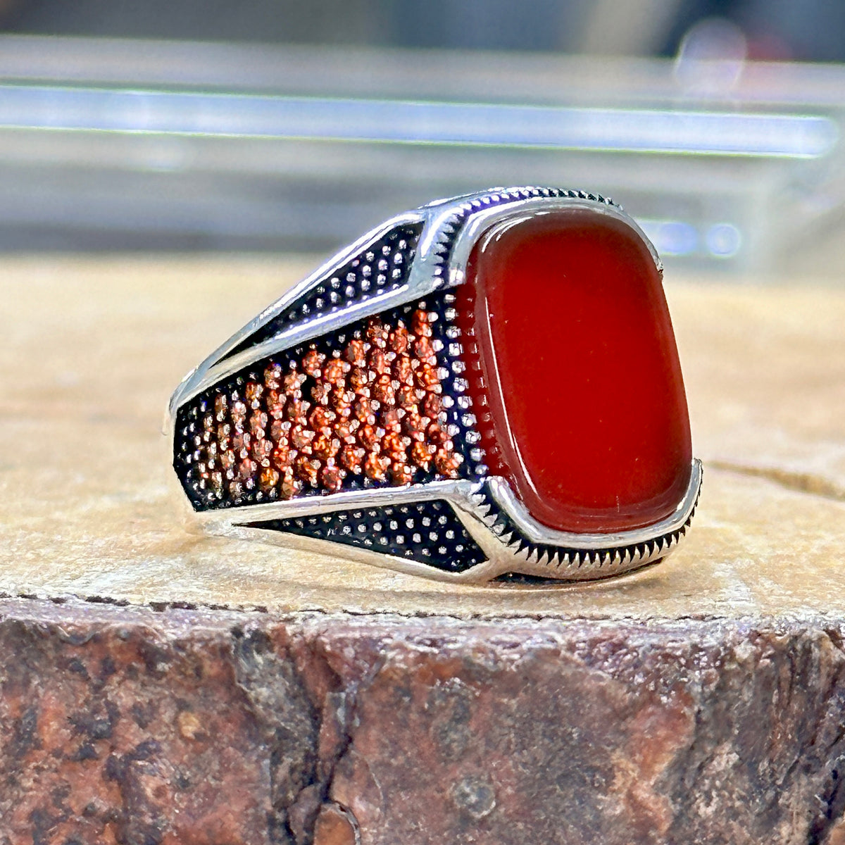 Men Silver Red Agate Carnelian Ring