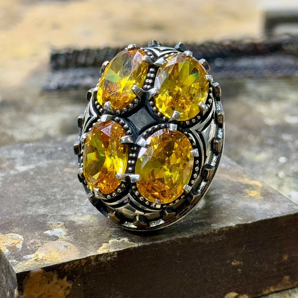 Men Large Silver Ottoman Style Citrine Gemstone Handmade Ring