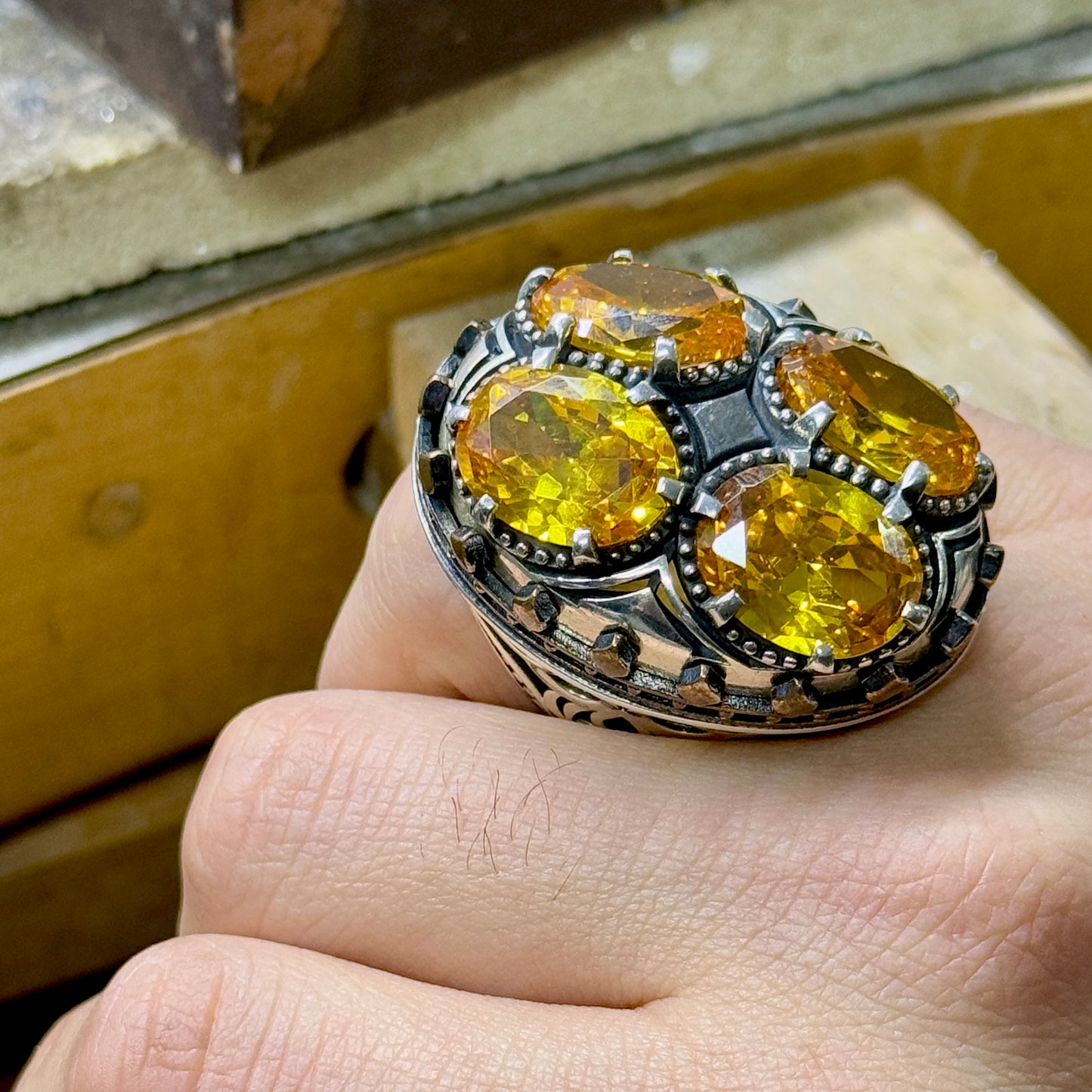 Men Large Silver Ottoman Style Citrine Gemstone Handmade Ring