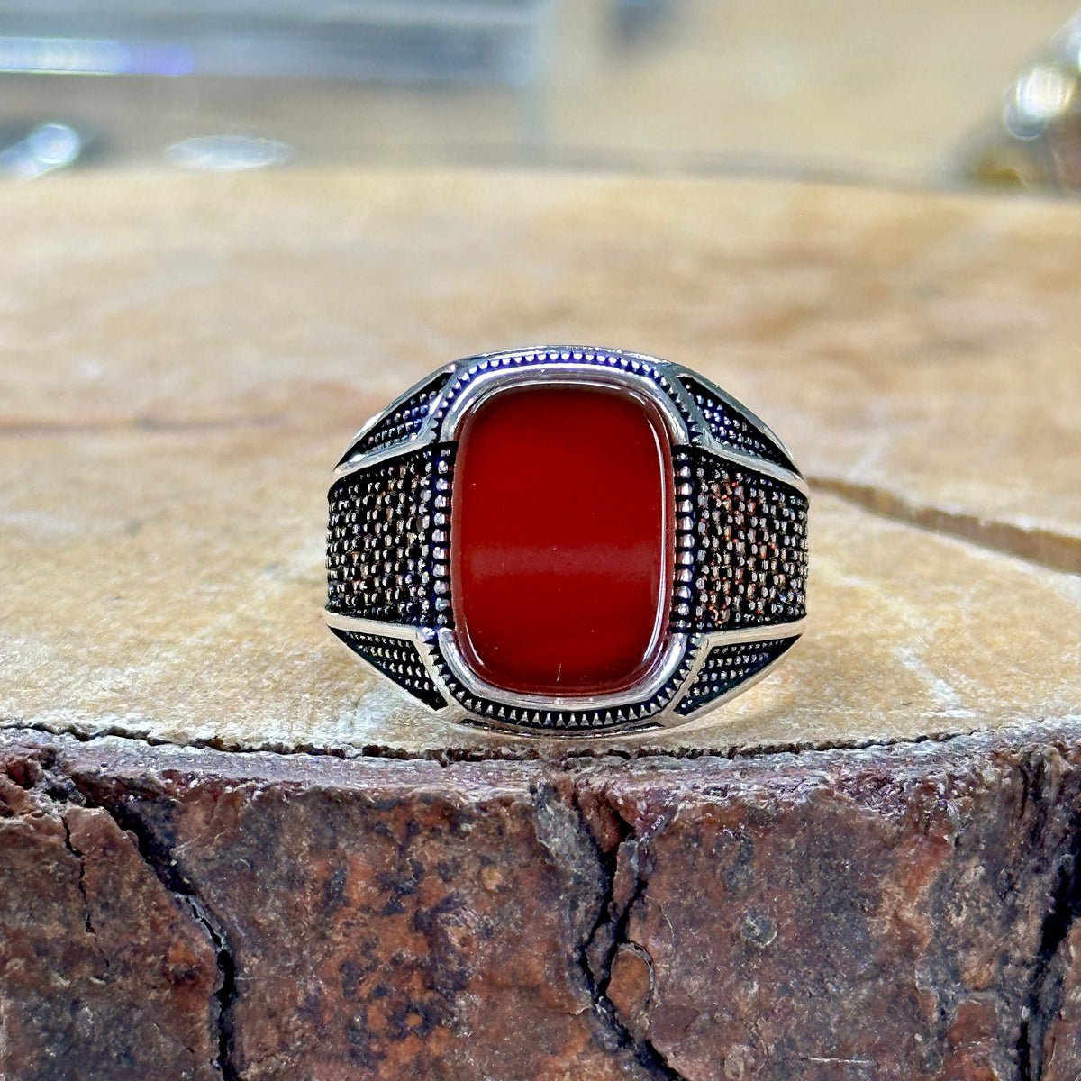 Men Silver Red Agate Carnelian Ring