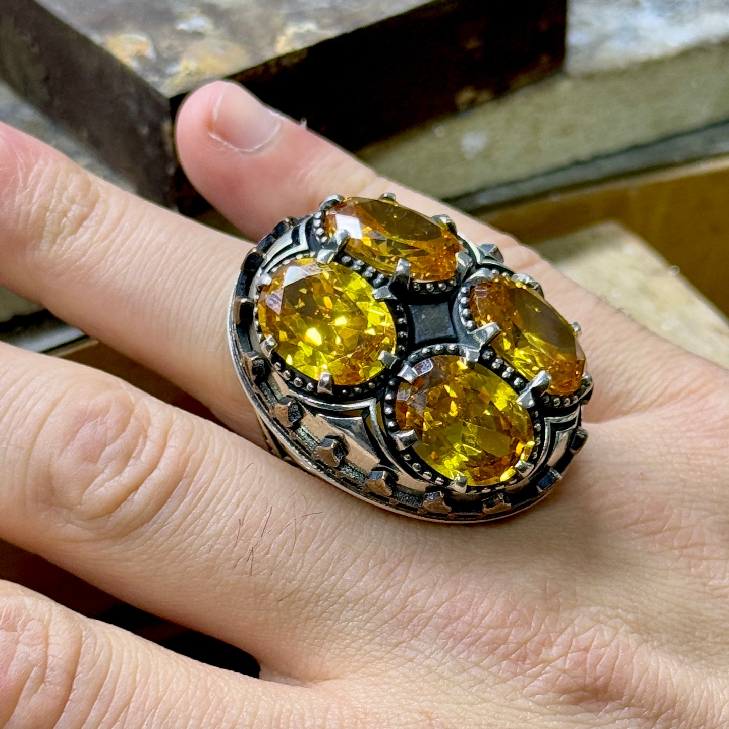 Men Large Silver Ottoman Style Citrine Gemstone Handmade Ring