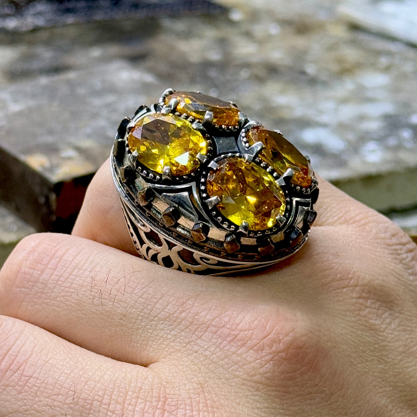 Men Large Silver Ottoman Style Citrine Gemstone Handmade Ring