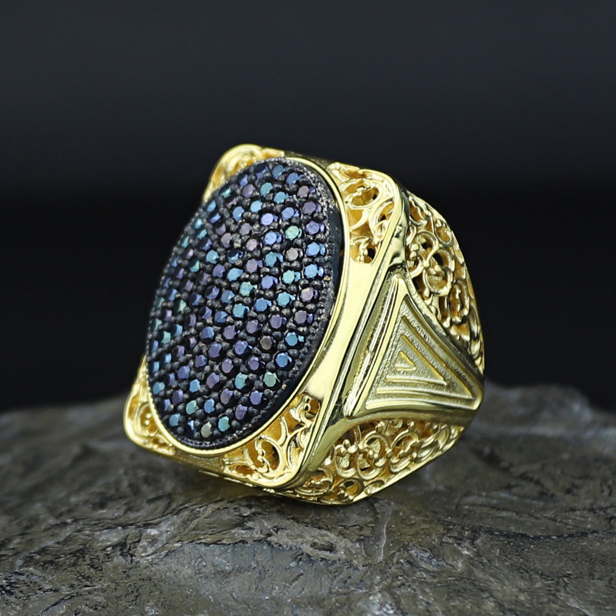 Men Handmade Silver Large Gold Onyx Gemstone Ring