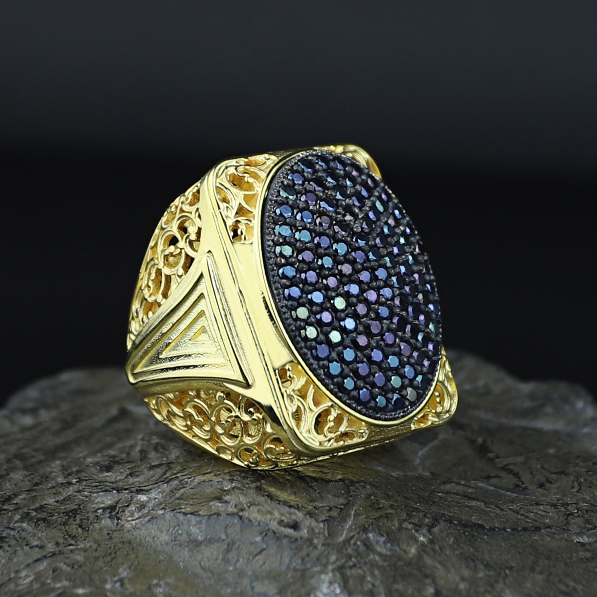Men Handmade Silver Large Gold Onyx Gemstone Ring