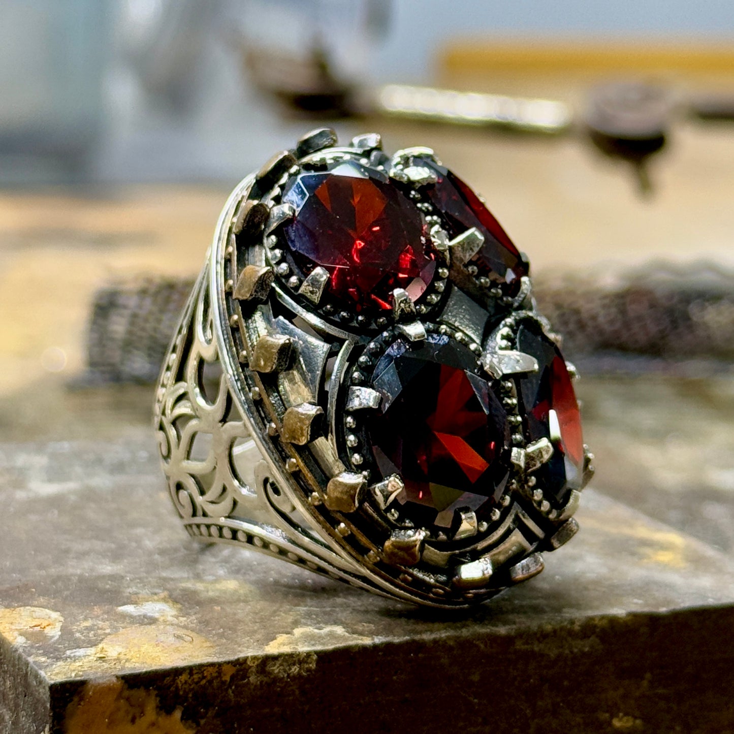 Men Silver Handmade Large Garnet Gemstone Unique Men Ring