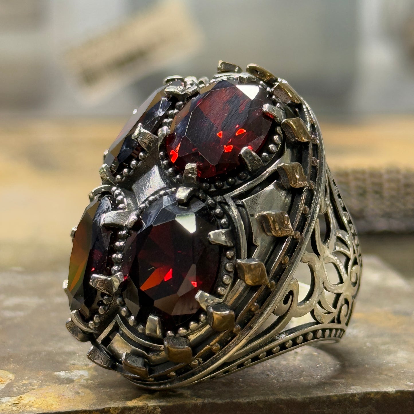 Men Silver Handmade Large Garnet Gemstone Unique Men Ring