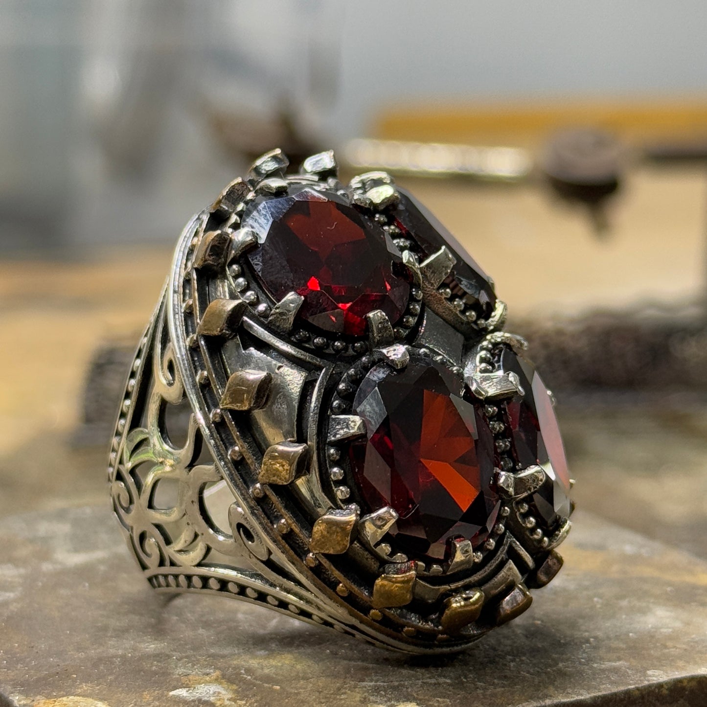 Men Silver Handmade Large Garnet Gemstone Unique Men Ring