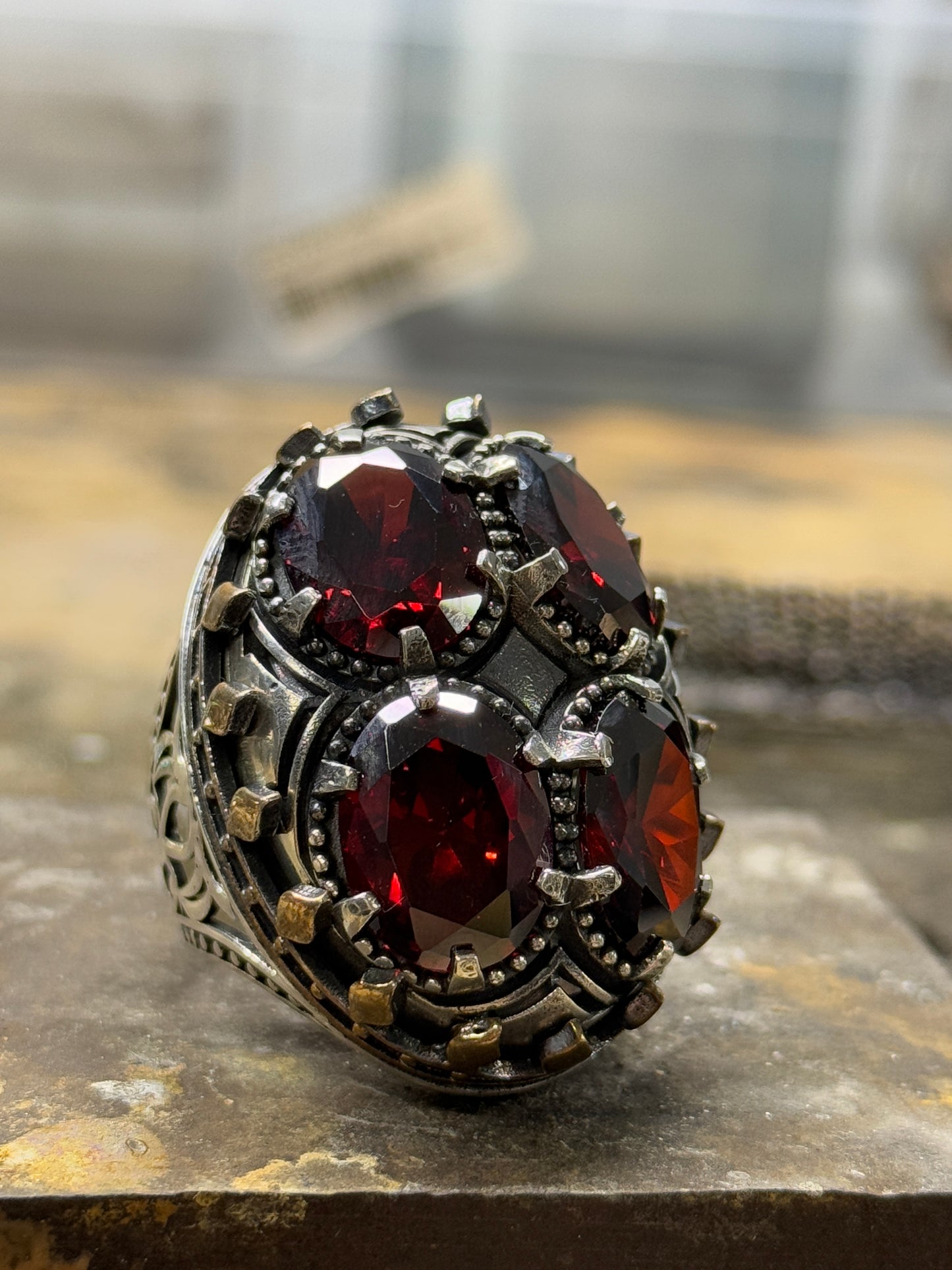 Men Silver Handmade Large Garnet Gemstone Unique Men Ring