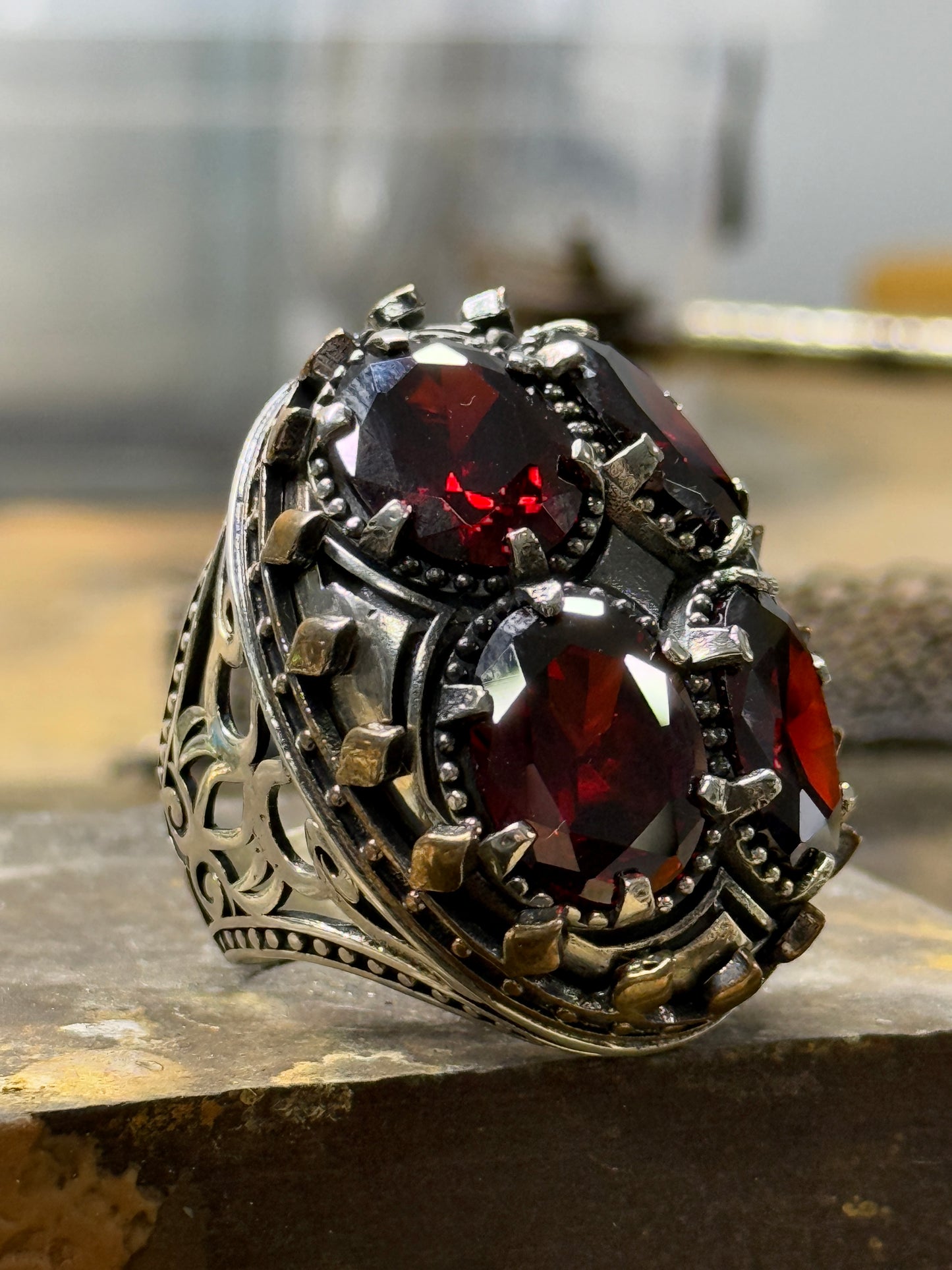 Men Silver Handmade Large Garnet Gemstone Unique Men Ring