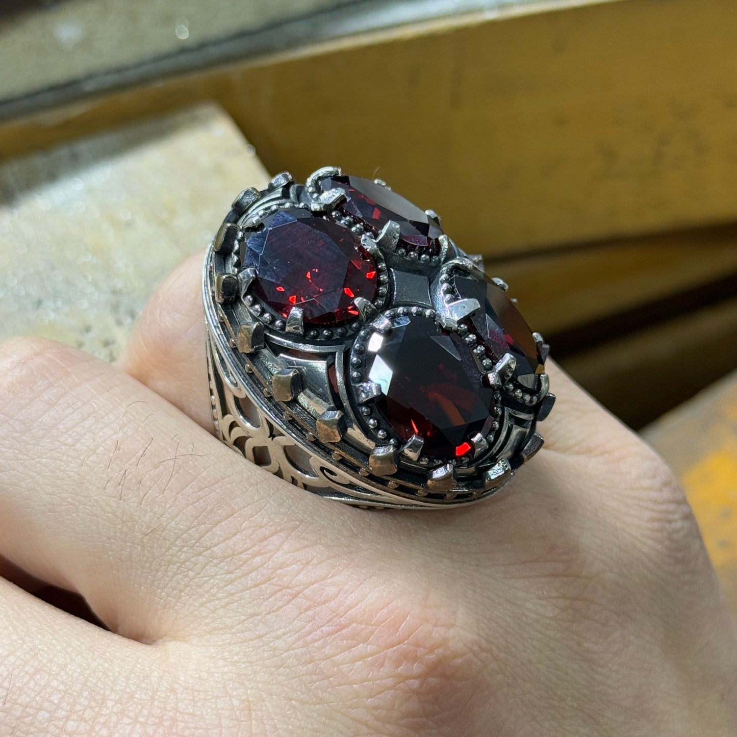 Men Silver Handmade Large Garnet Gemstone Unique Men Ring