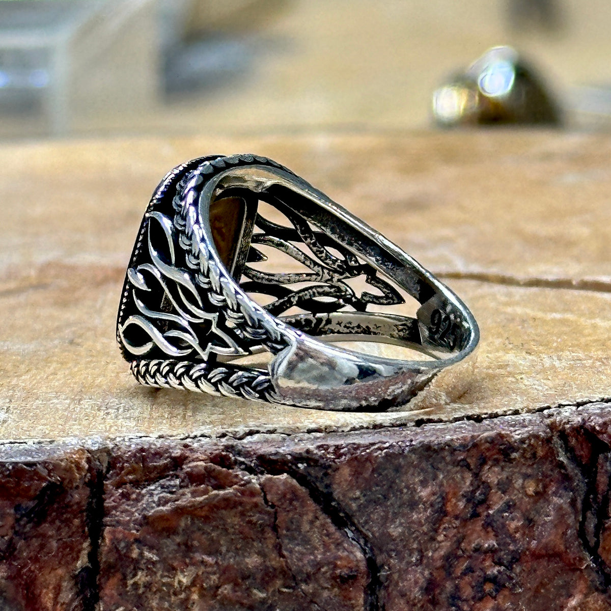 Men Silver Square Tiger Eye Gemstone Ring