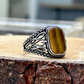 Men Silver Square Tiger Eye Gemstone Ring
