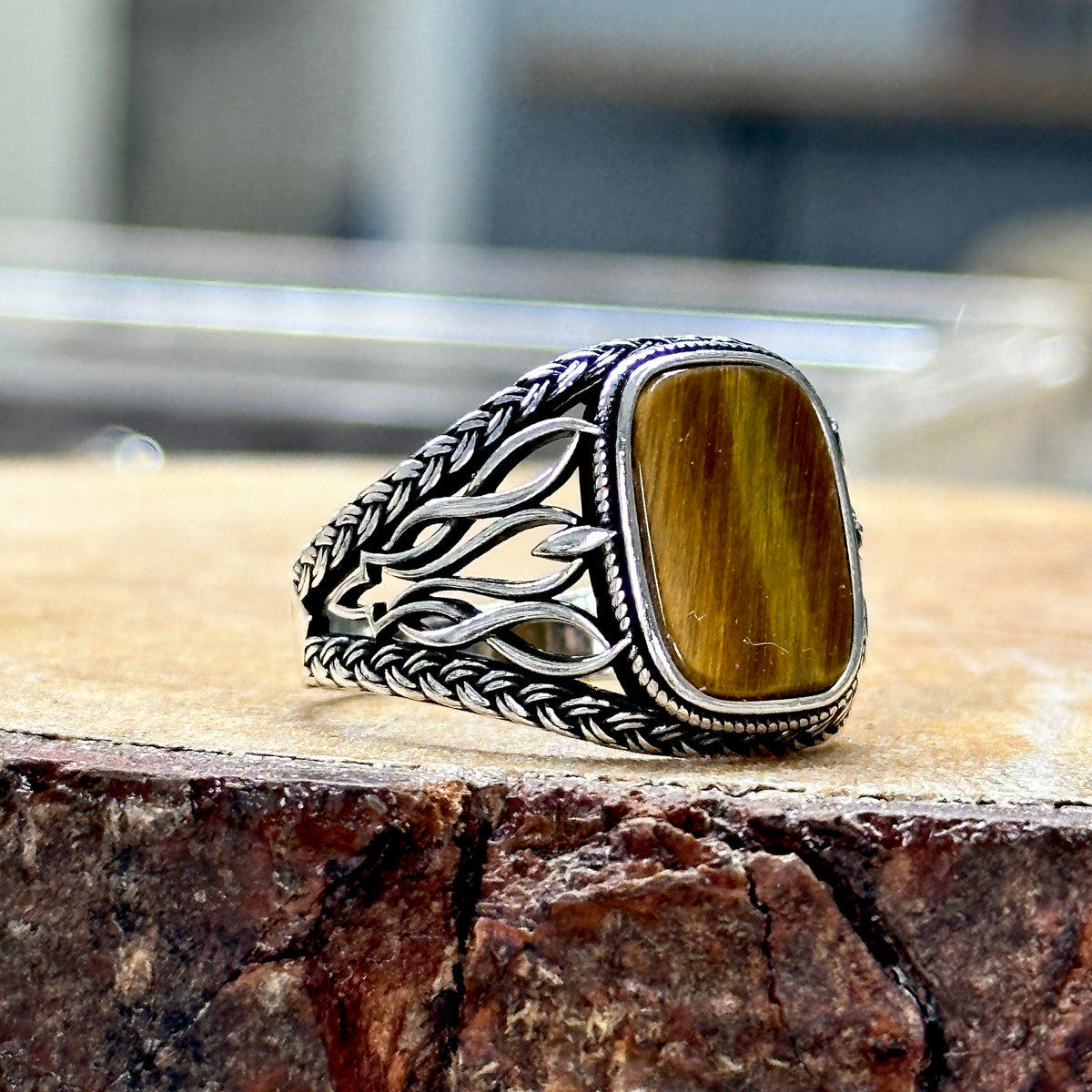 Men Silver Square Tiger Eye Gemstone Ring