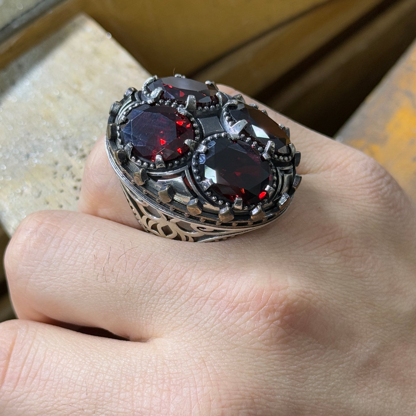 Men Silver Handmade Large Garnet Gemstone Unique Men Ring