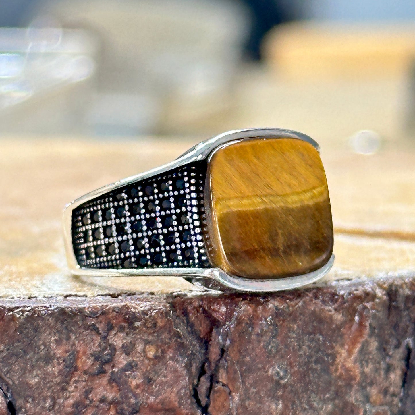 Men Handmade Minimal Square Tiger Eye Gemstone Ring