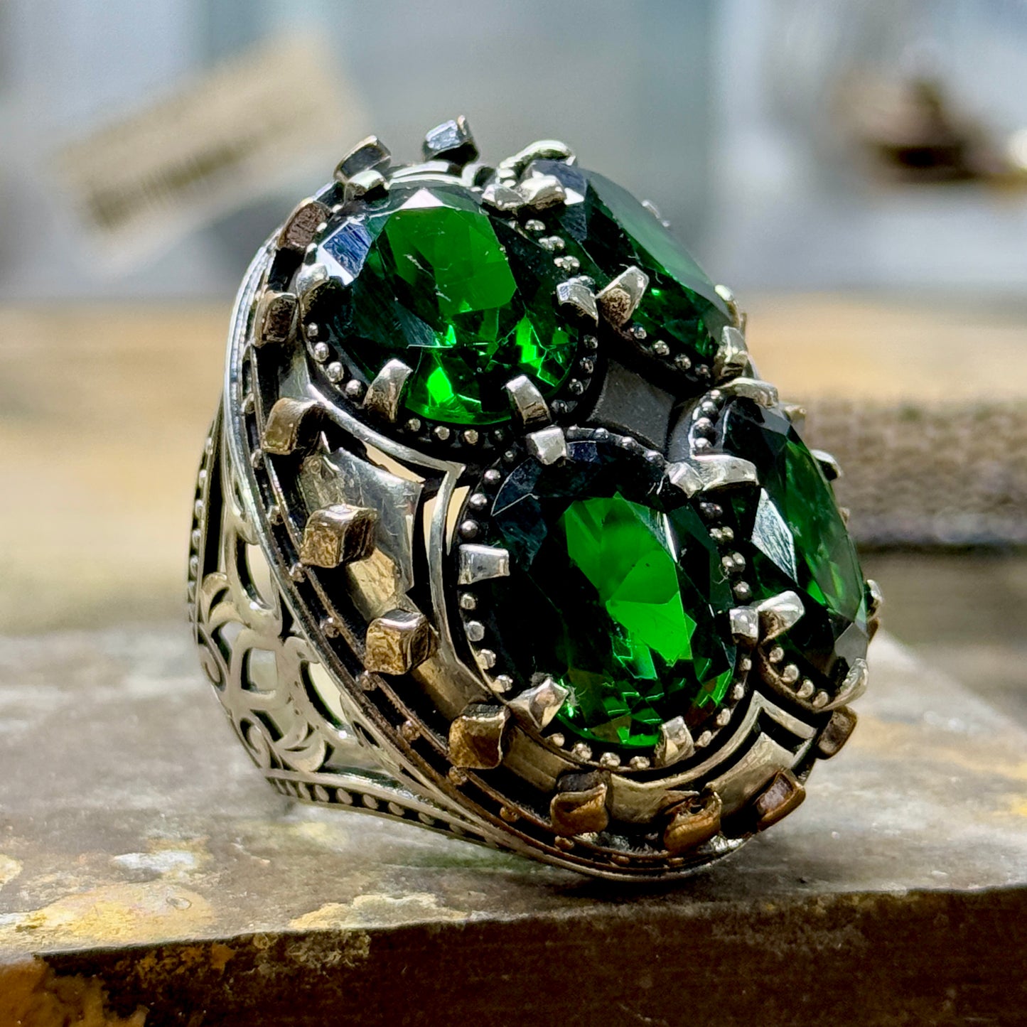 Men Silver Handmade Large Green Emerald Stone Unique Ring