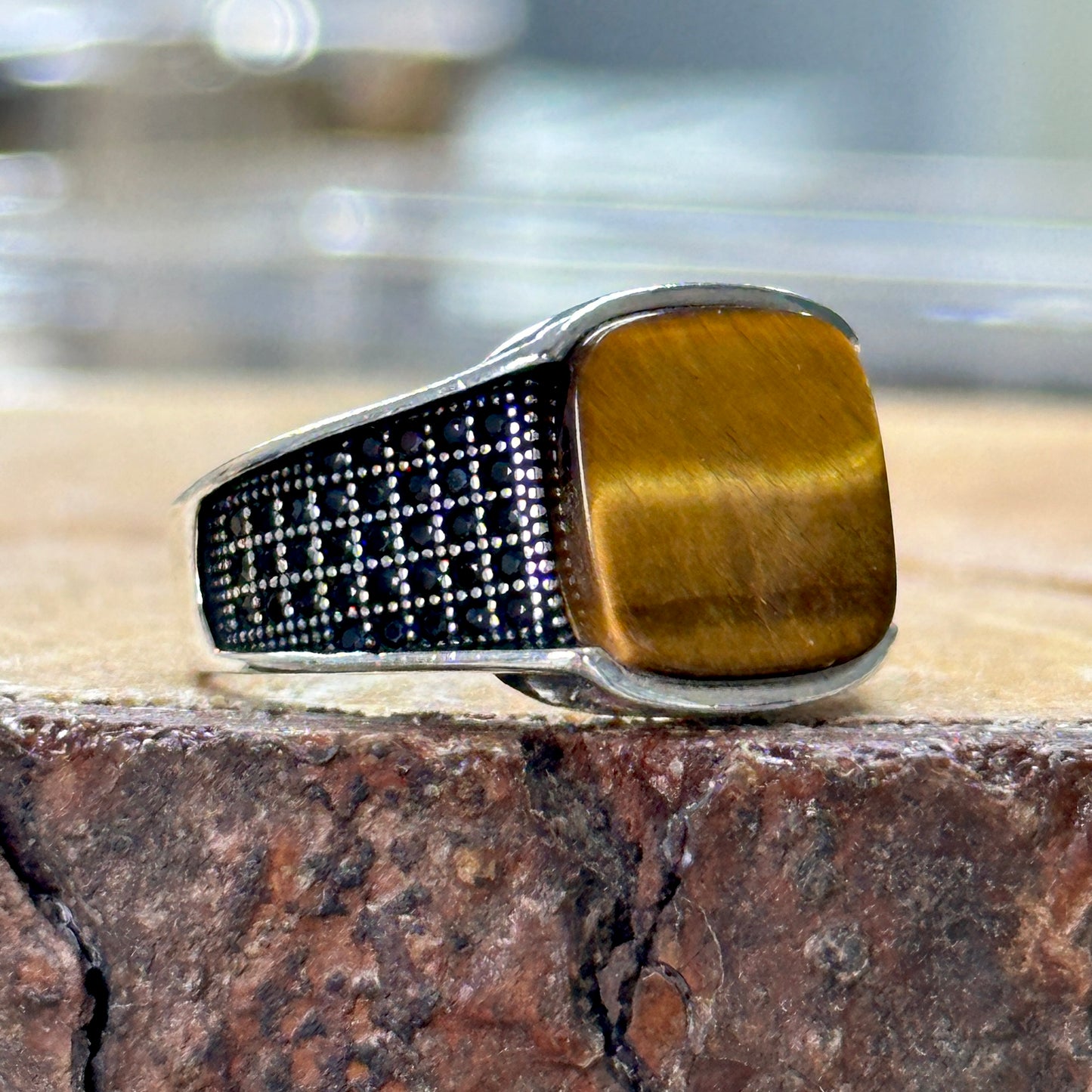 Men Handmade Minimal Square Tiger Eye Gemstone Ring