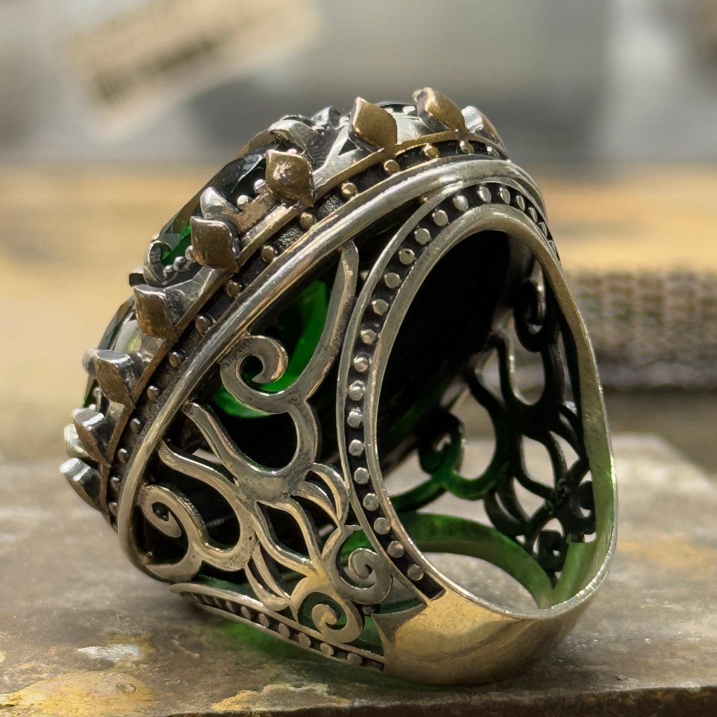 Men Silver Handmade Large Green Emerald Stone Unique Ring