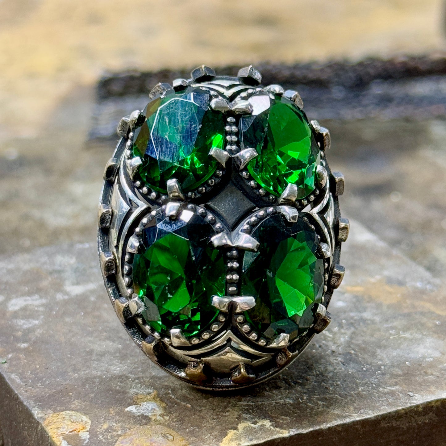 Men Silver Handmade Large Green Emerald Stone Unique Ring