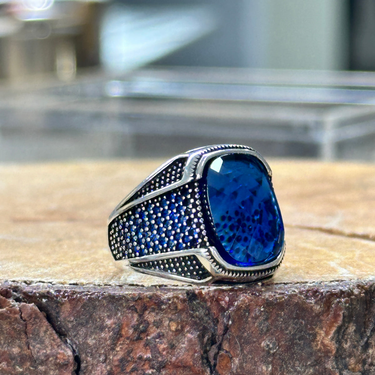 Männer Silber Quadratischer Minimal Saphir Stein Ring