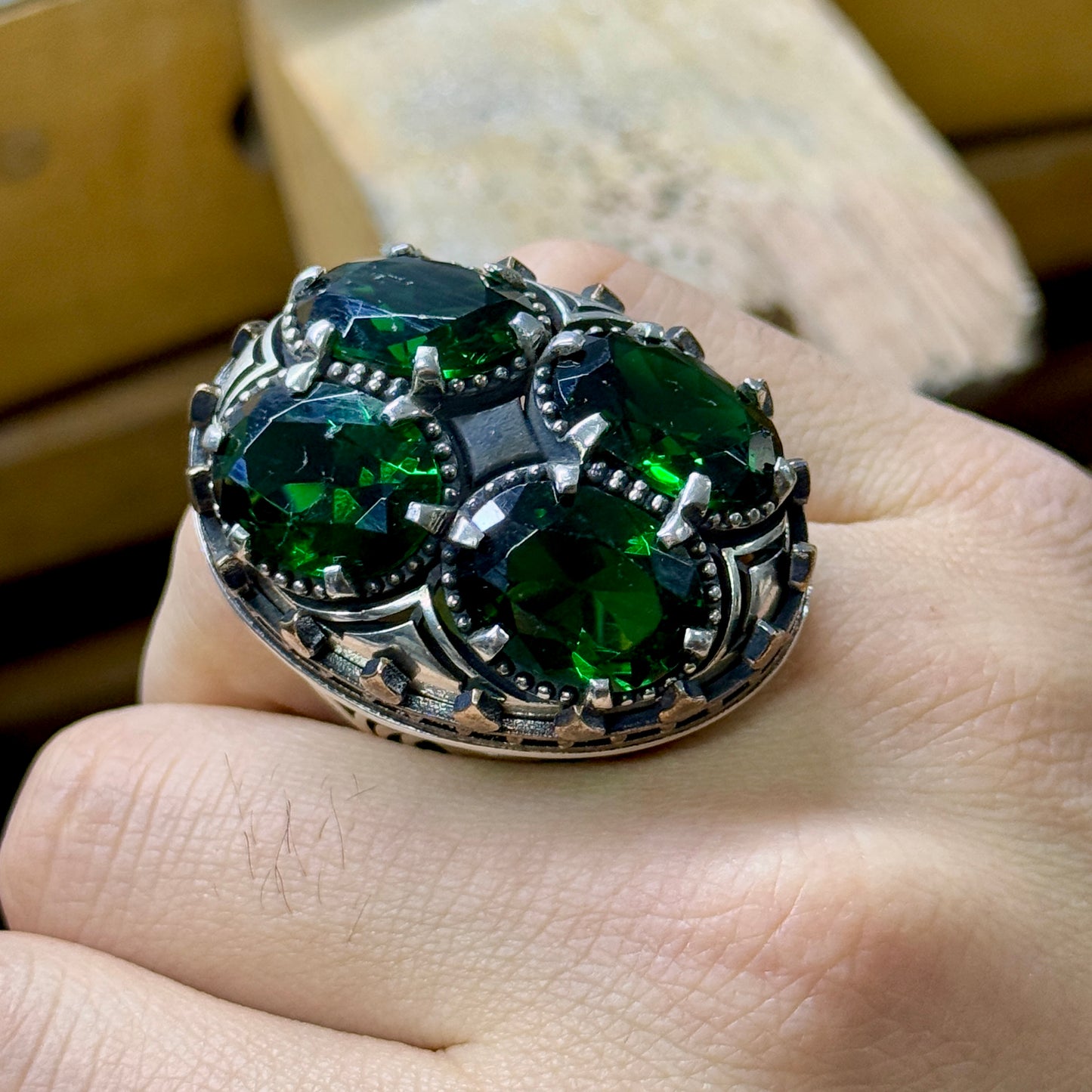 Men Silver Handmade Large Green Emerald Stone Unique Ring