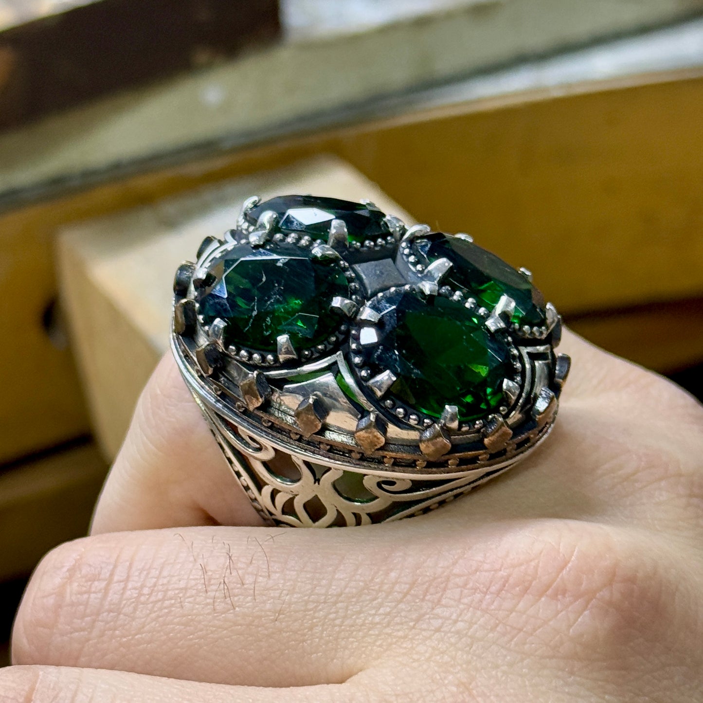 Men Silver Handmade Large Green Emerald Stone Unique Ring