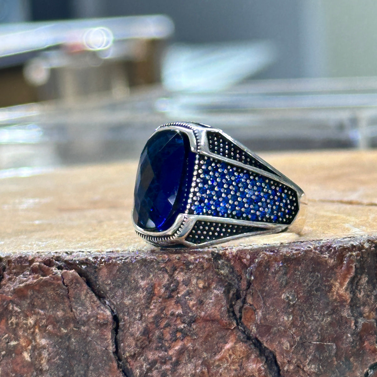 Männer Silber Quadratischer Minimal Saphir Stein Ring