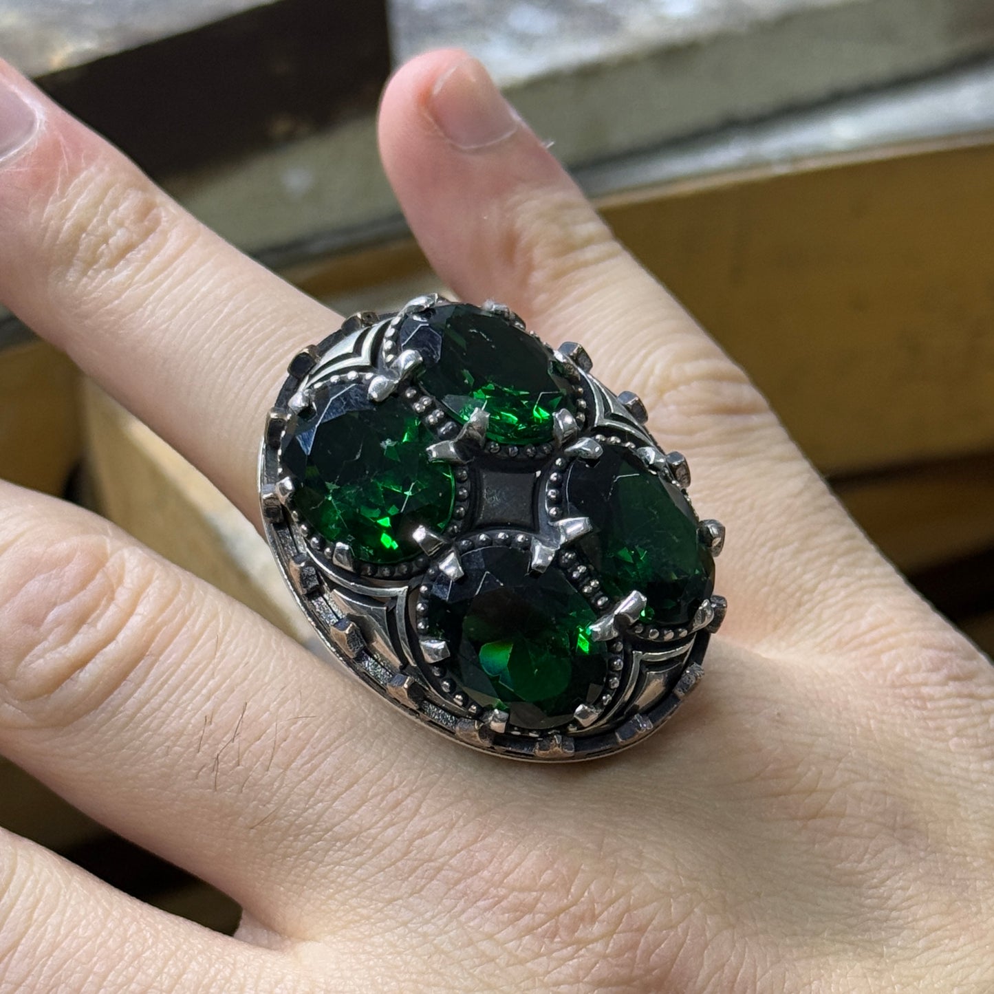 Men Silver Handmade Large Green Emerald Stone Unique Ring