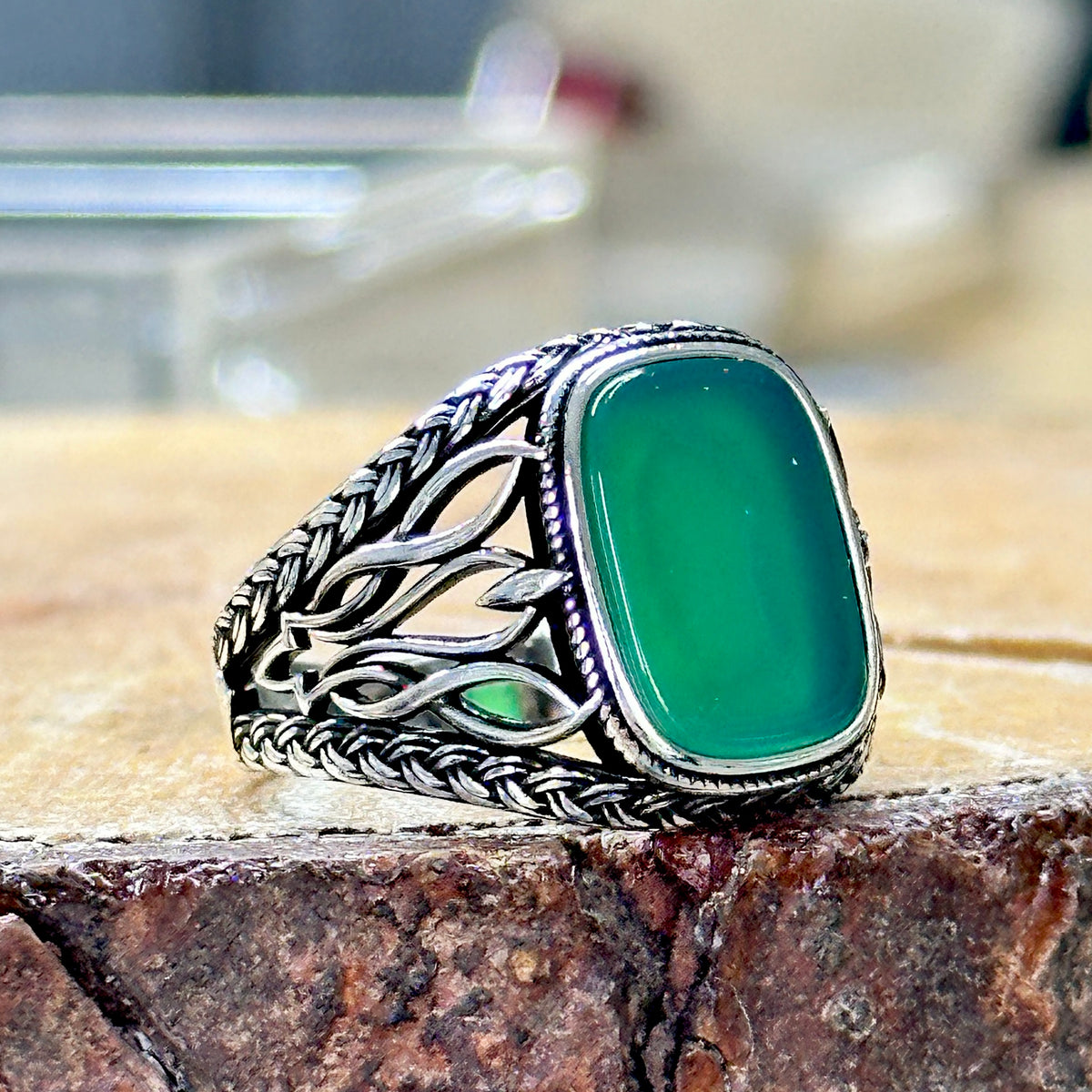 Men Handmade Green Agate Stone Ring