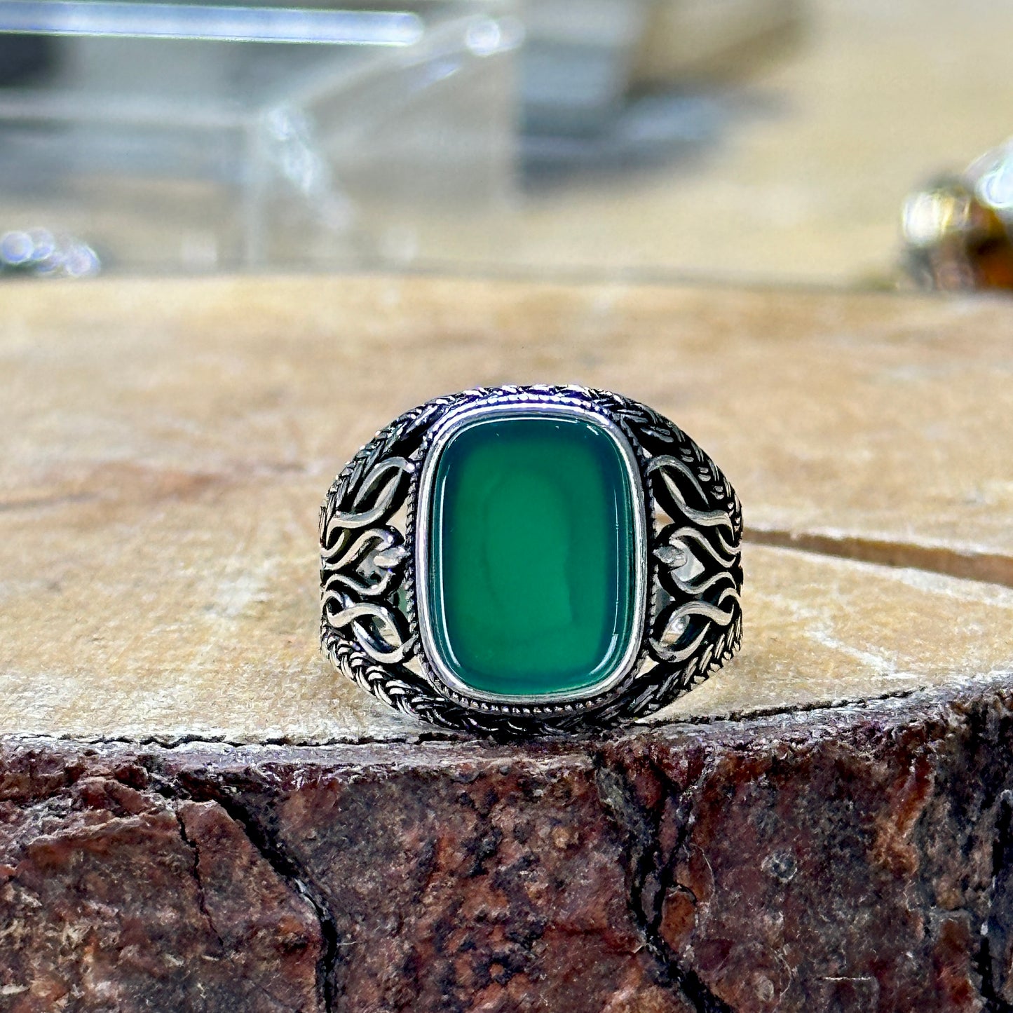 Men Handmade Green Agate Stone Ring