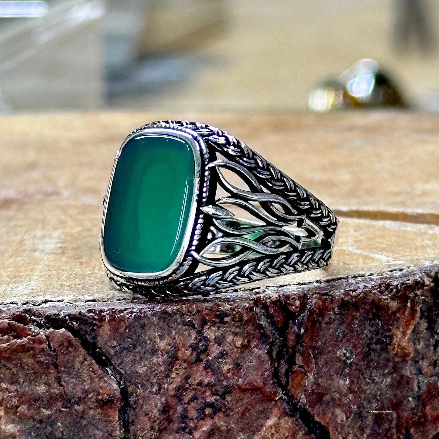 Men Handmade Green Agate Stone Ring