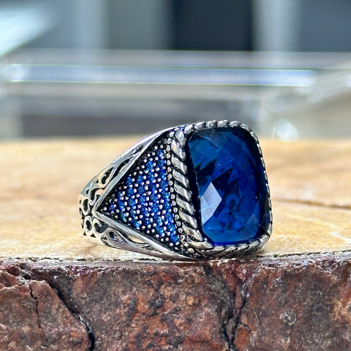Männer Blau Zirkon Minimal Saphir Stein Ring