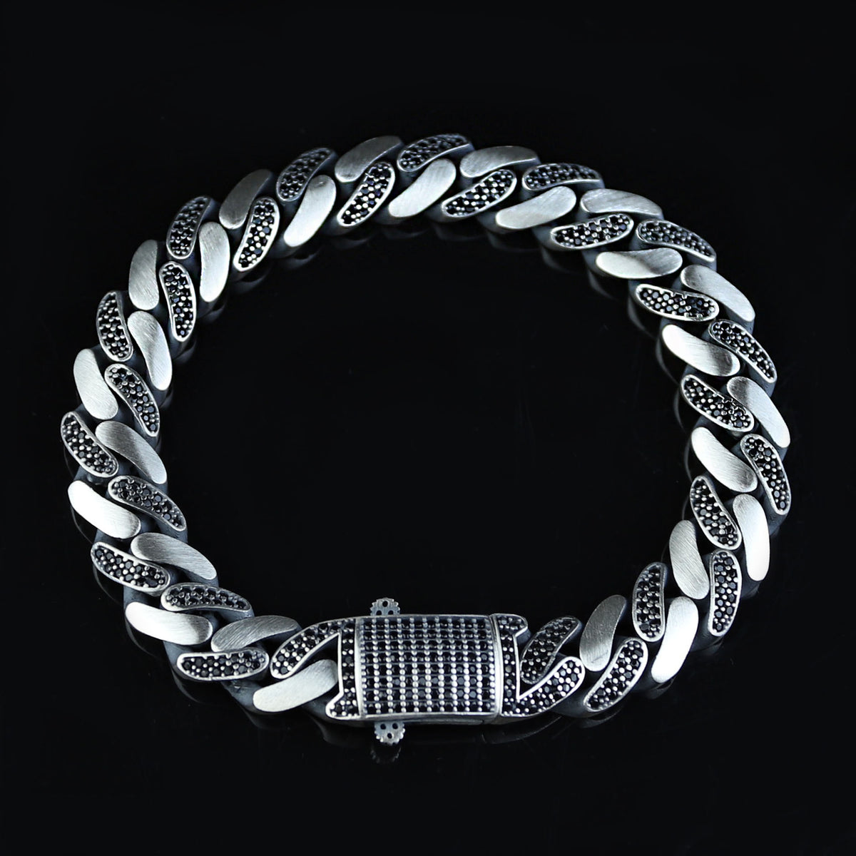 925 Sterling Silver 11mm Black CZ Cuban Bracelet for Men