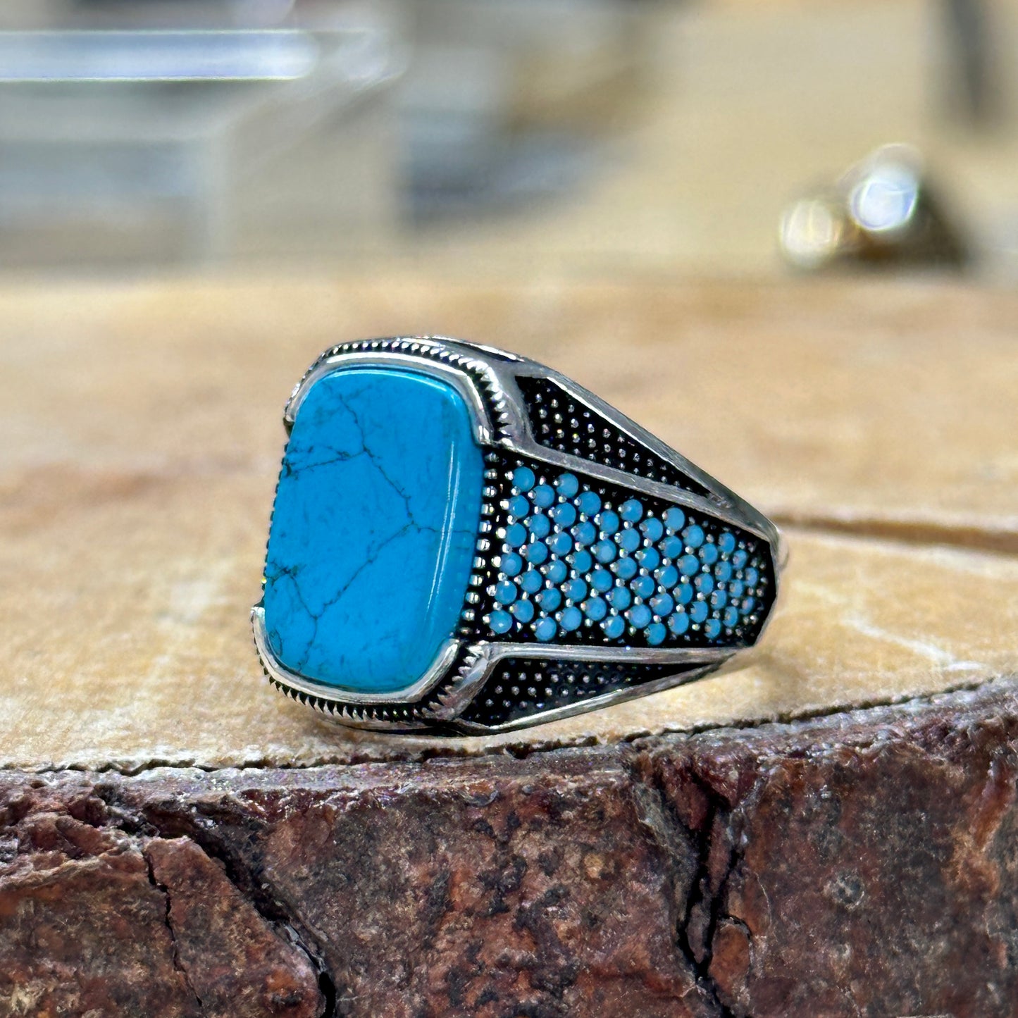 Men Handmade Minimal Micro Turquoise Stone Ring