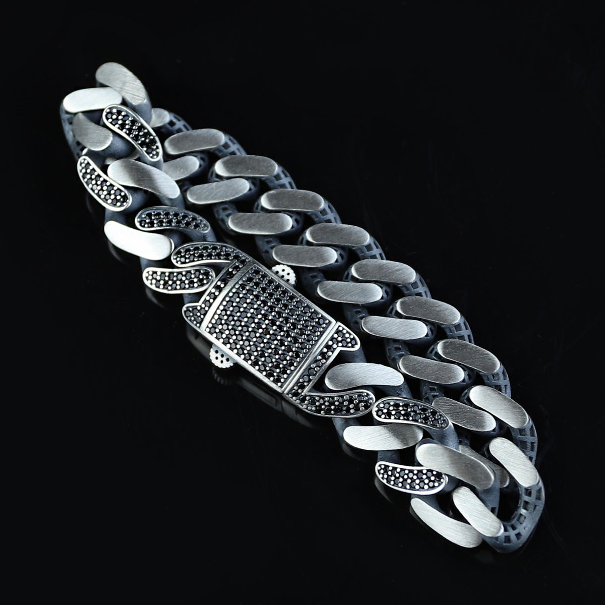 925 Sterling Silver 15mm Black Onyx Cuban Chain Bracelet for Men