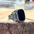 Anillo de ónix con corona de rey cuadrado hecho a mano para hombre