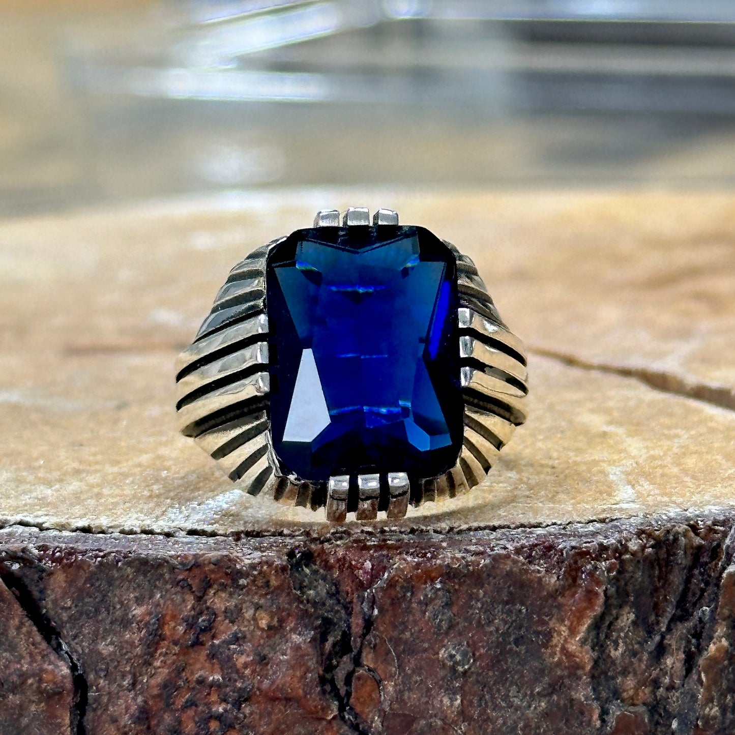 Men Square Blue Sapphire Stone Silver Ring