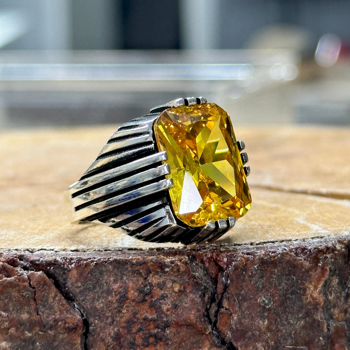 Men Handmade Square Yellow Citrine Gemstone Ring